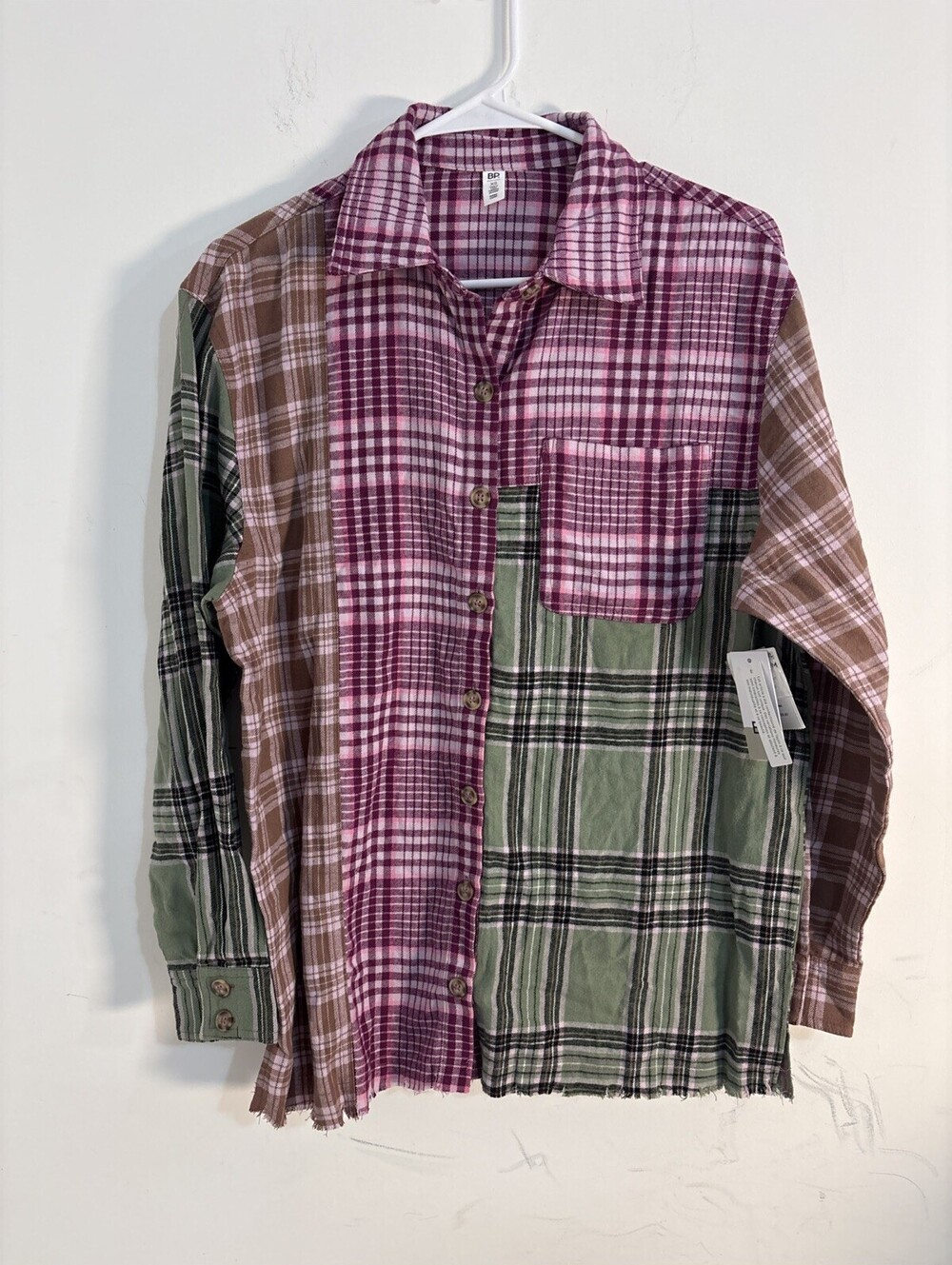 BP. Patchwork Button Up Shirt Top Plaid Flannel Women XSmall Raw Hem 100% Cotton